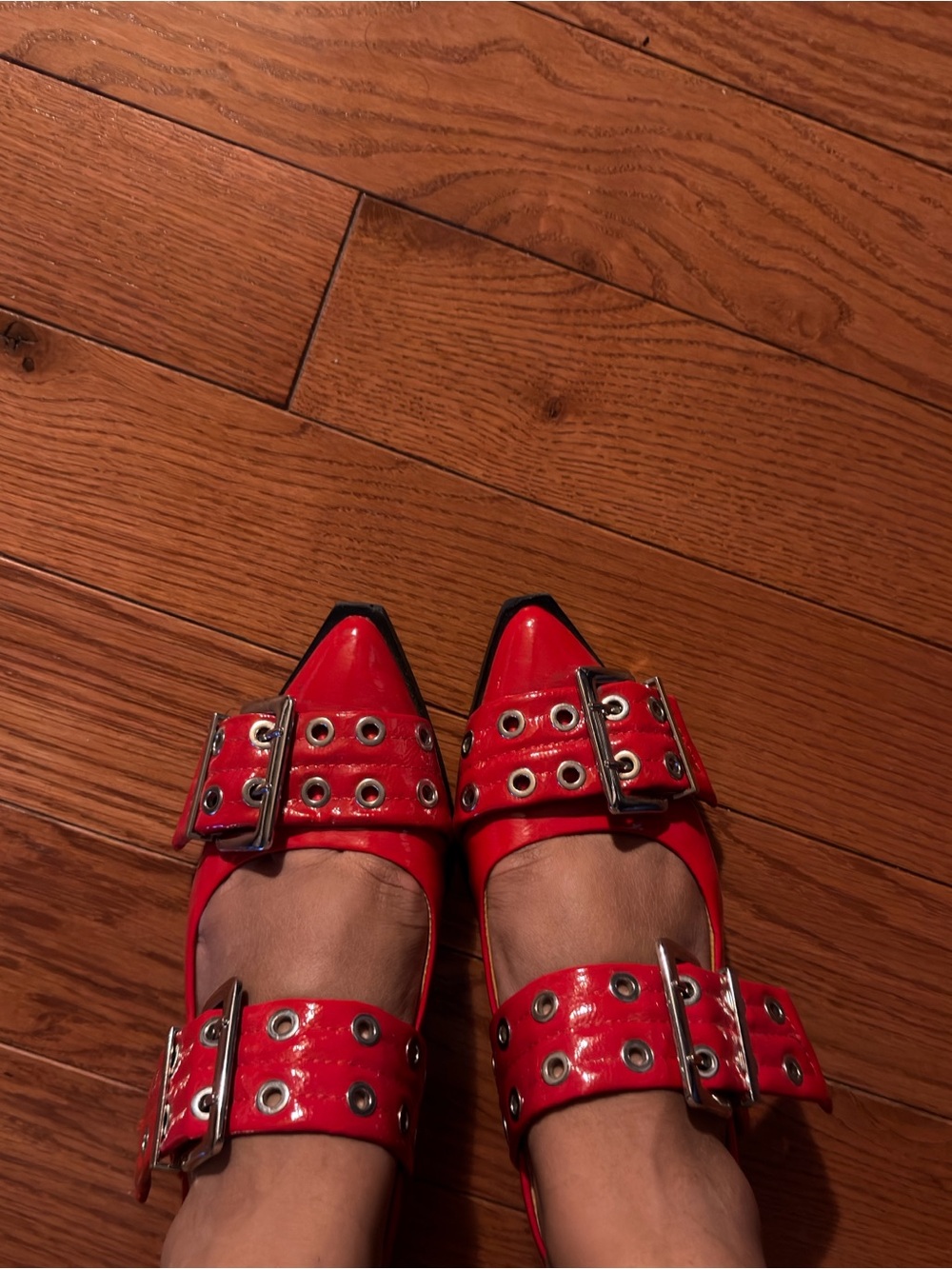 Steve Madden Red Pointed Toe Flats with Double Buckle Eyelet Straps